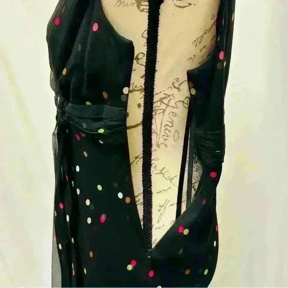 Anne Klein Silk Sleeveless Ruffle Front Slit Midi Dress Black w/Dots Sz 10 - Picture 5 of 10